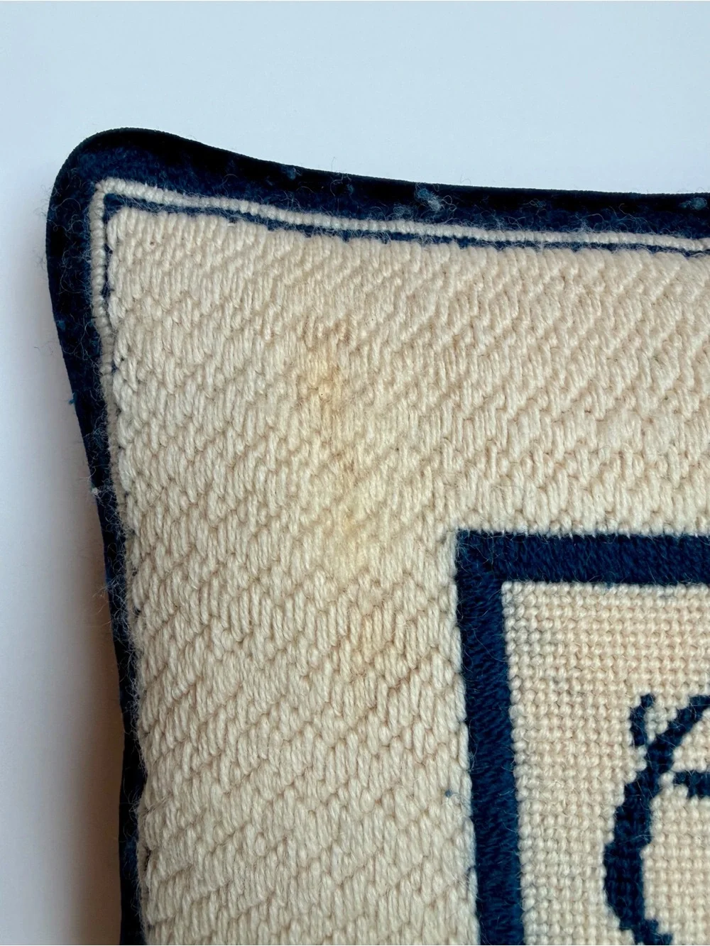 Hand Hooked Monogram C Accent Throw Pillow Navy Cream Wool Velvet Back